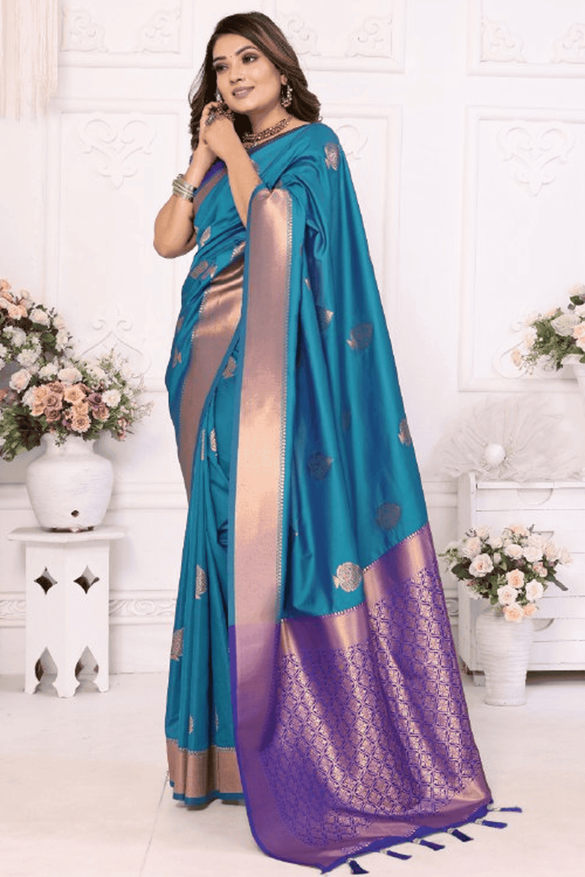 Teal Colour Woven Work Lichi Soft Silk Traditional Saree VSSD1250311