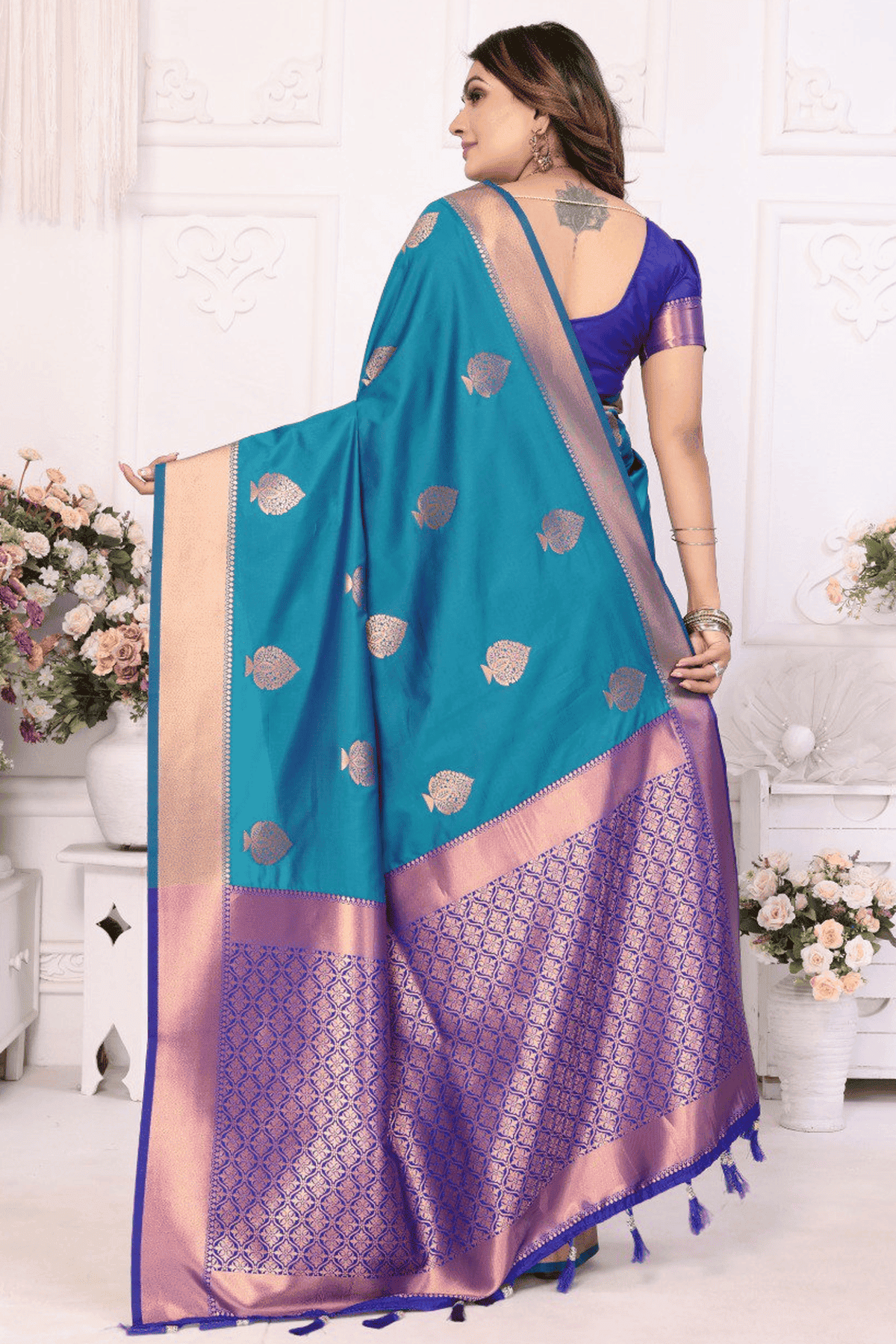 Teal Colour Woven Work Lichi Soft Silk Traditional Saree VSSD1250311