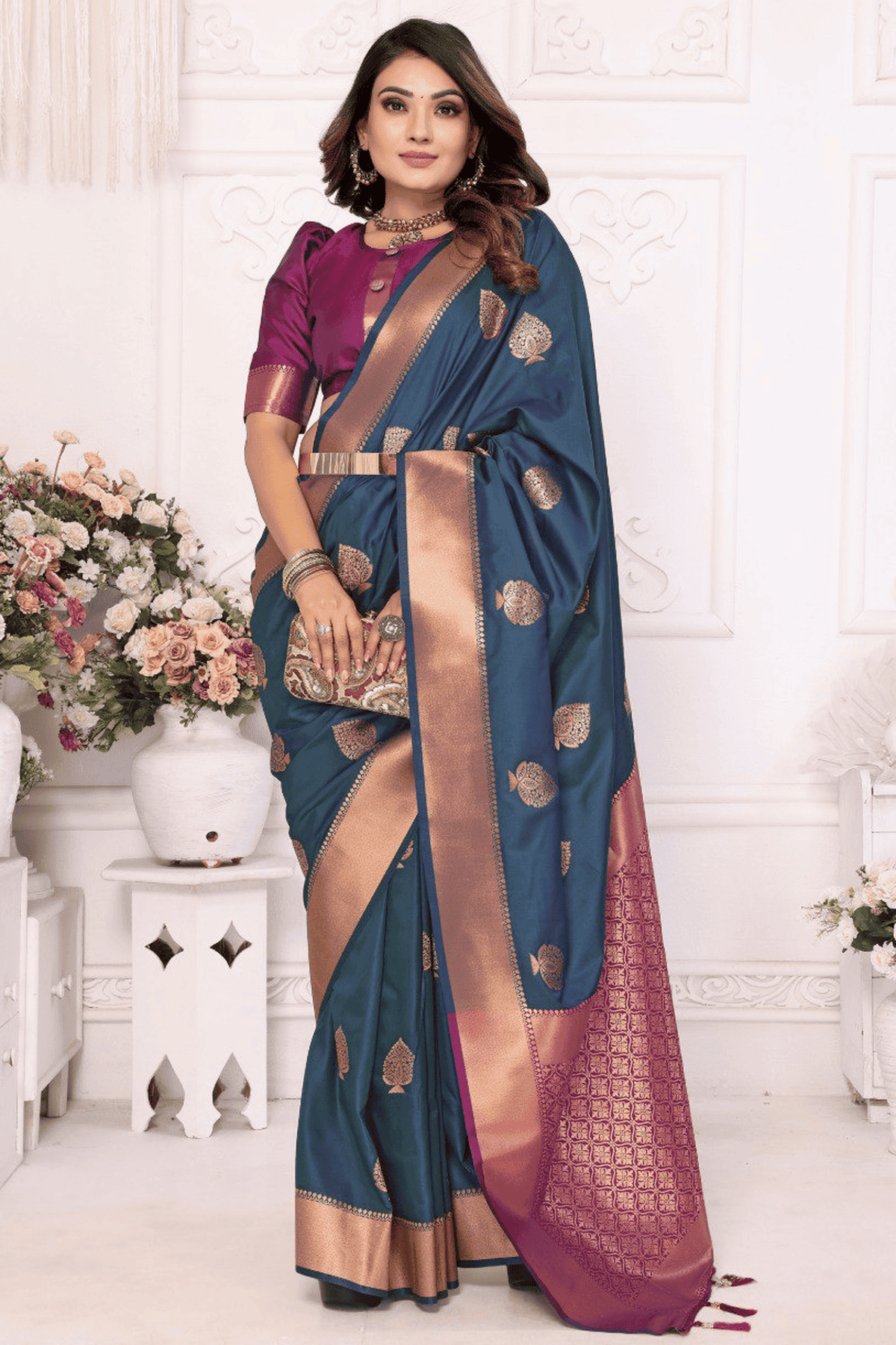 Teal Colour Woven Work Lichi Soft Silk Traditional Saree VSSD1250316