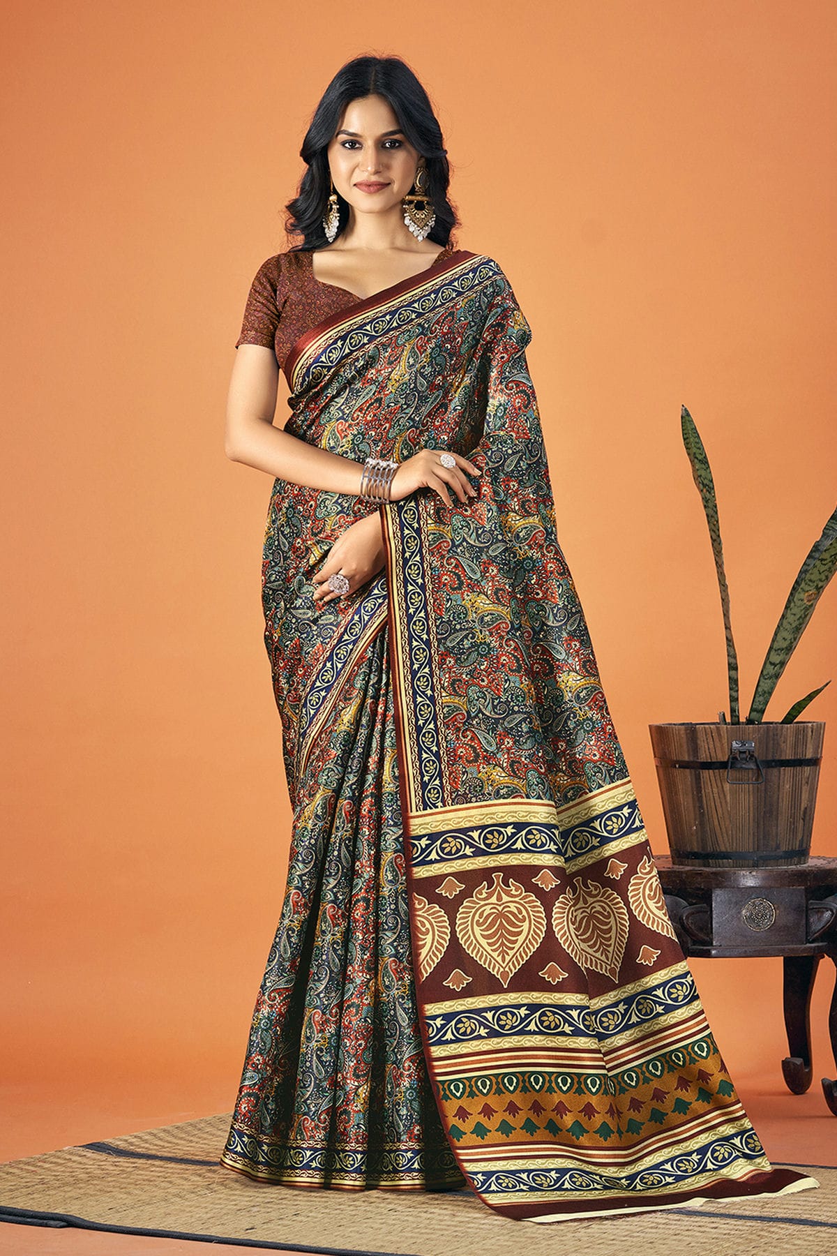 Teal Colour Woven Work Pashmina Saree