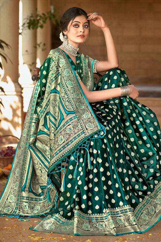 Teal Colour Woven Work Satin Silk Saree