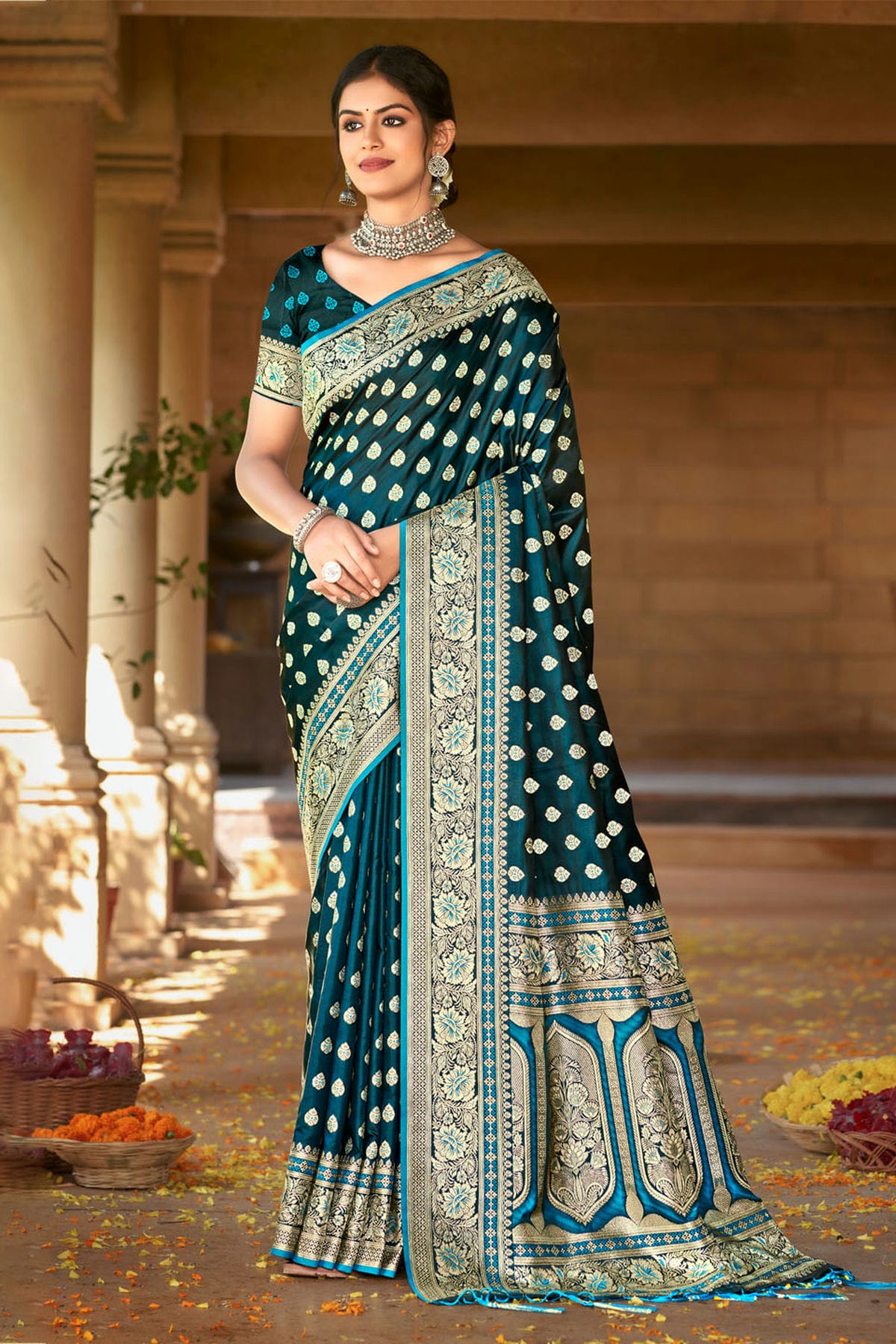 Teal Colour Woven Work Satin Silk Saree