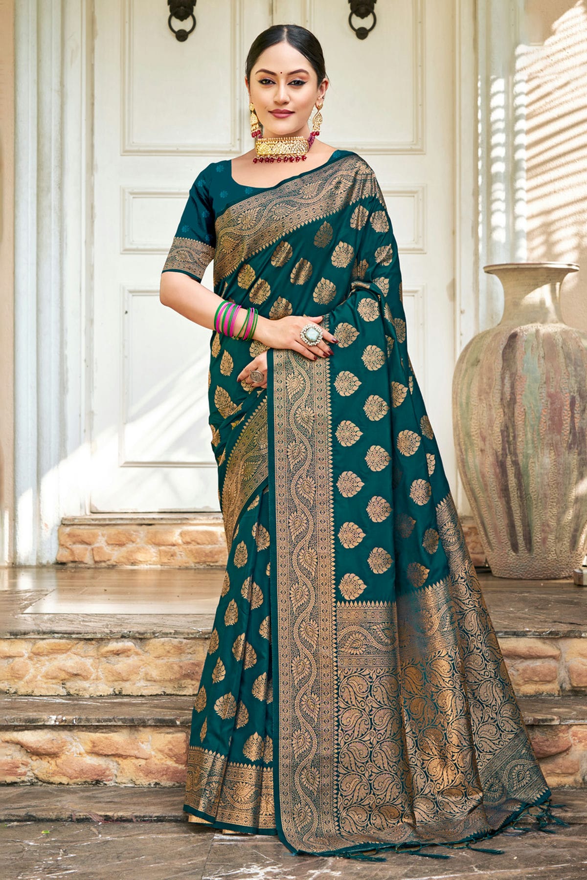 Teal Colour Woven Work Silk Saree