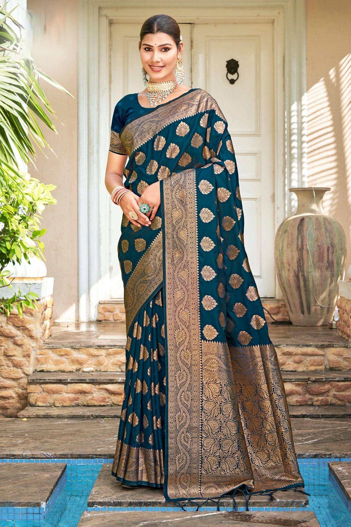 Teal Colour Woven Work Silk Saree