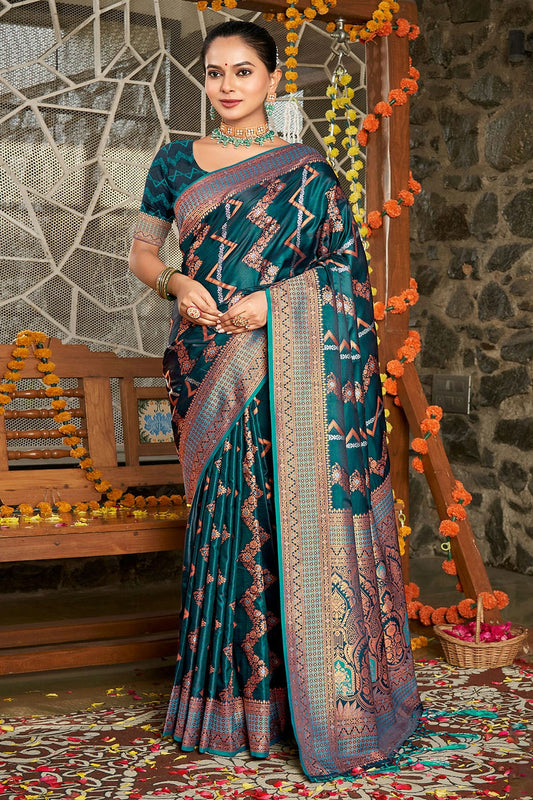 Teal Colour Woven Work Silk Saree