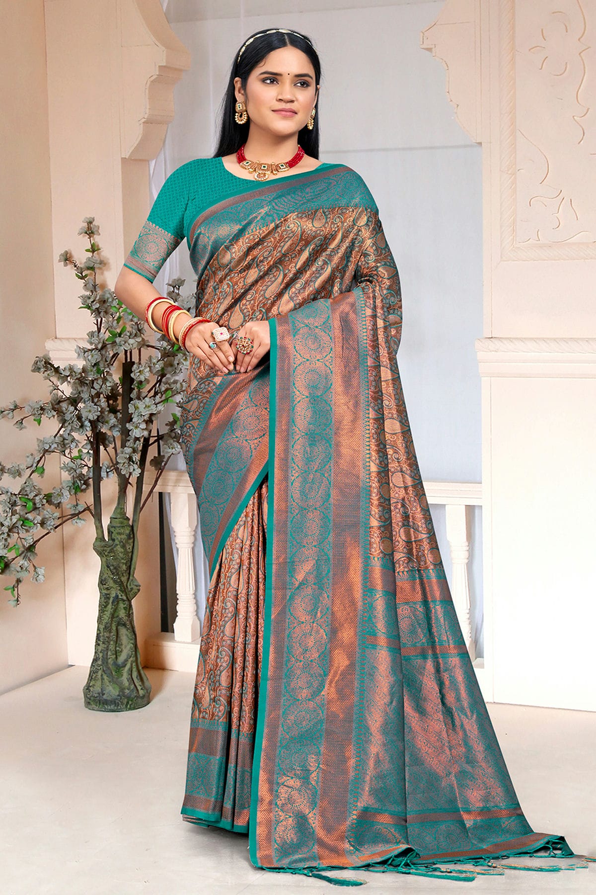 Teal Colour Woven Work Silk Saree