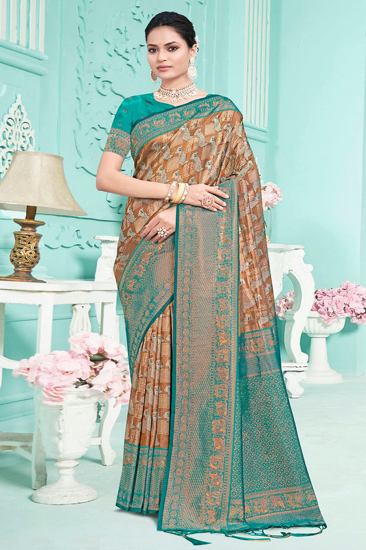 Teal Colour Woven Work Silk Saree