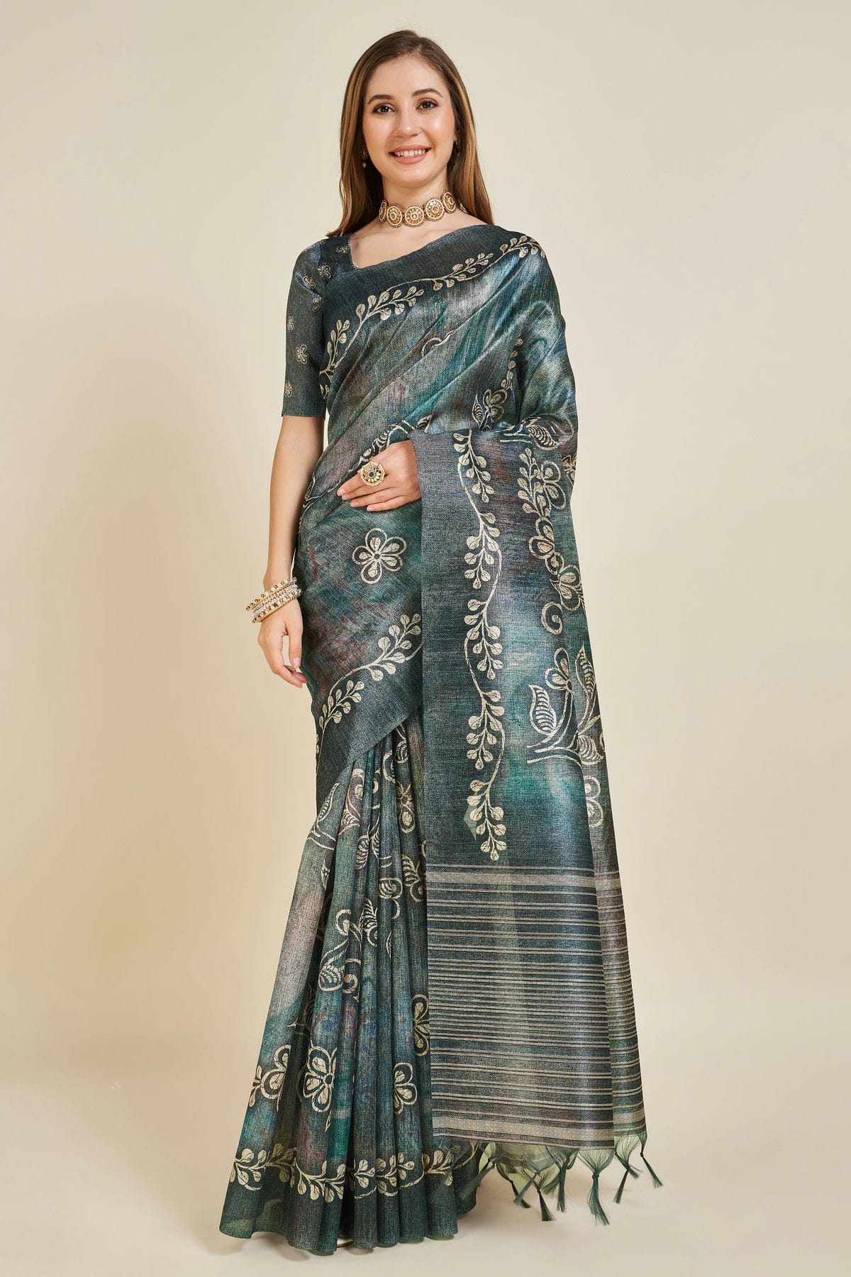 Teal Colour Woven Work Sofi Silk Saree