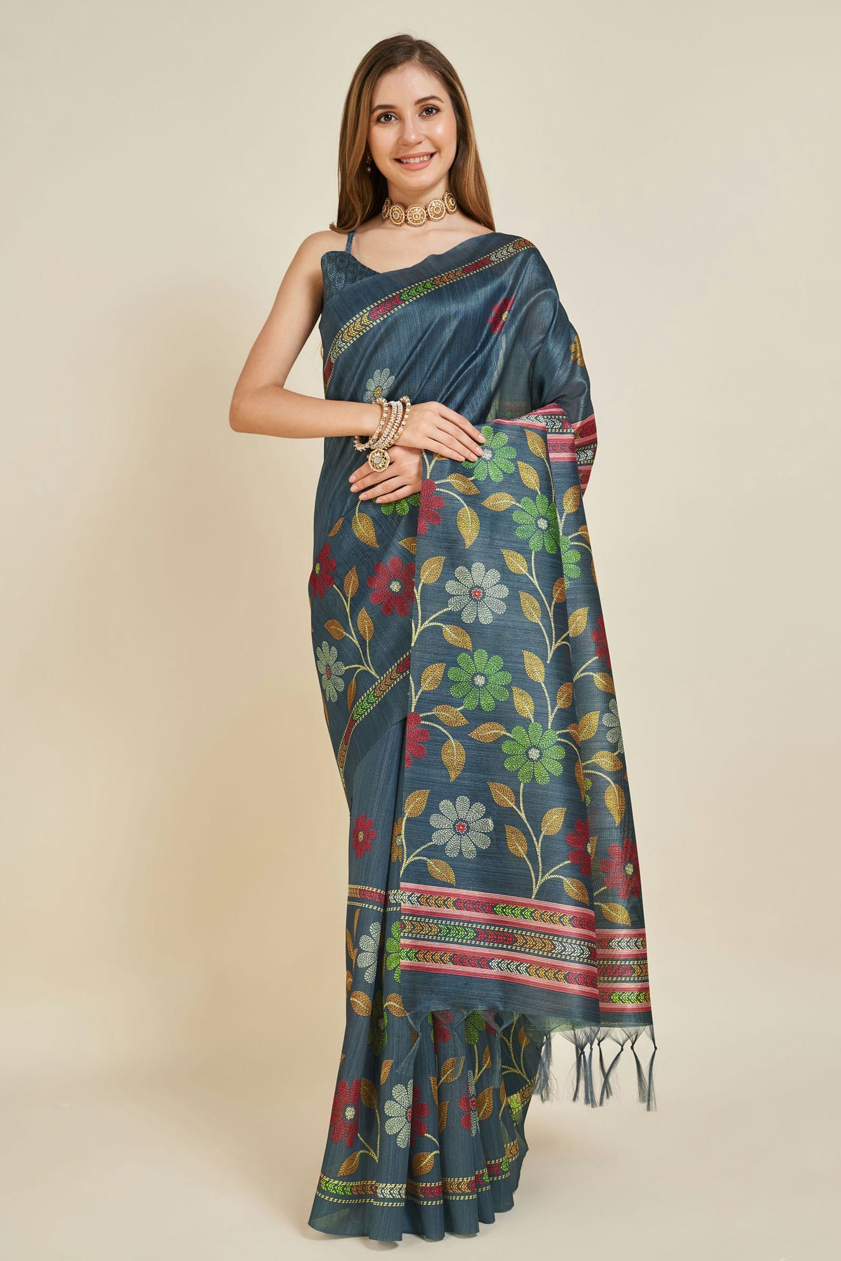 Teal Colour Woven Work Sofi Silk Saree