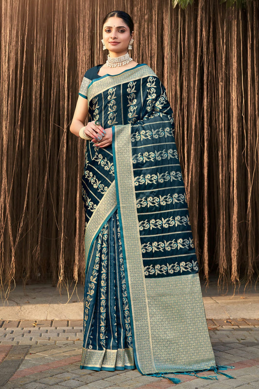 Teal Colour Woven Work Stain Silk Saree