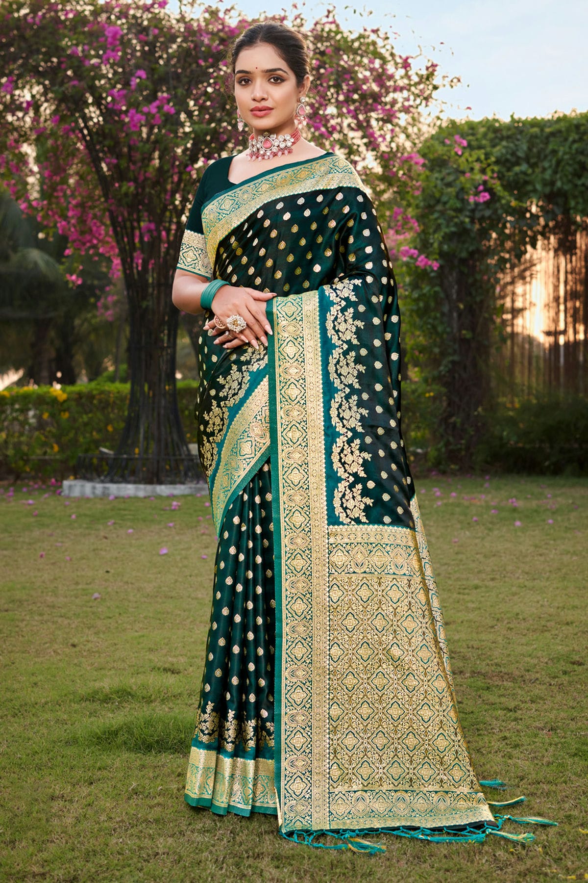 Teal Colour Woven Work Stain Silk Saree