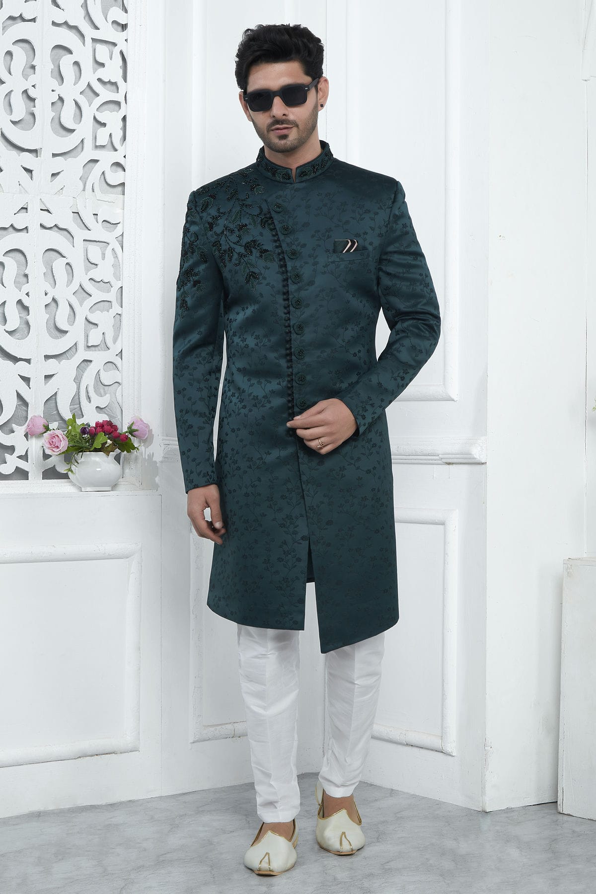 Teal Green Colour Art Silk Sherwani With Aligadhi Pant VSSH1230083