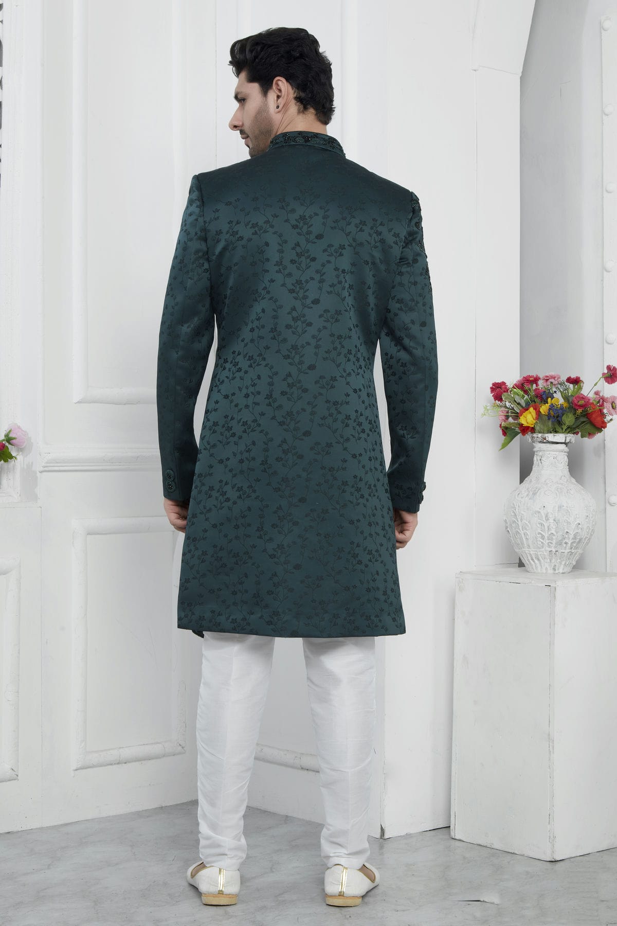 Teal Green Colour Art Silk Sherwani With Aligadhi Pant VSSH1230083