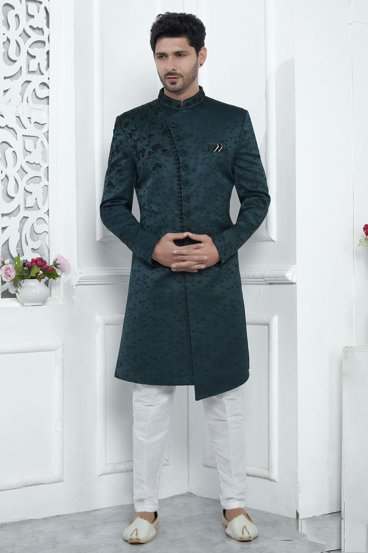 Teal Green Colour Art Silk Sherwani With Aligadhi Pant