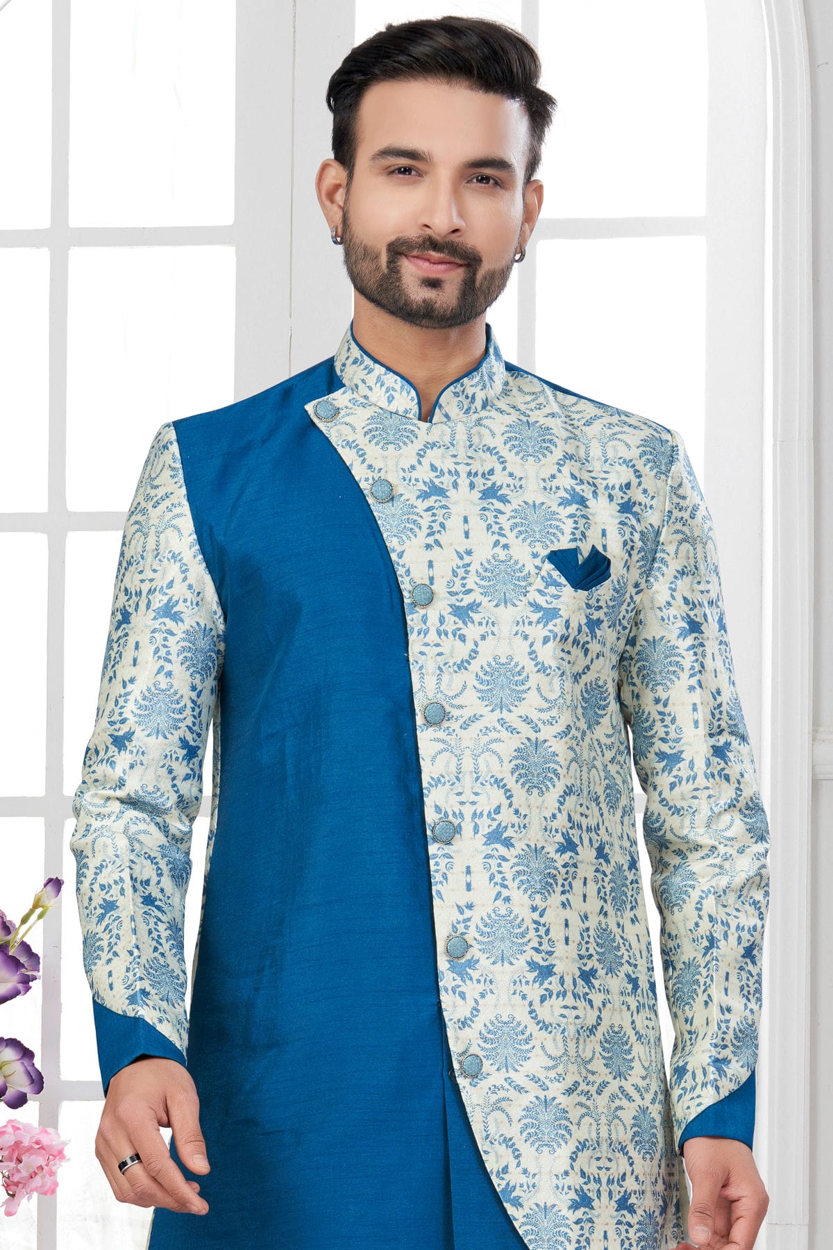 Teal and Cream Colour Silk Dupion Dhoti Sherwani VSSH1040648