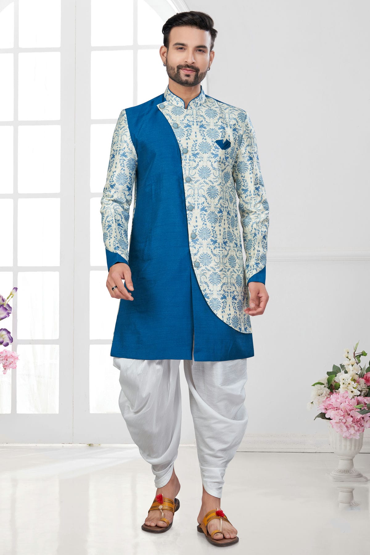 Teal and Cream Colour Silk Dupion Dhoti Sherwani