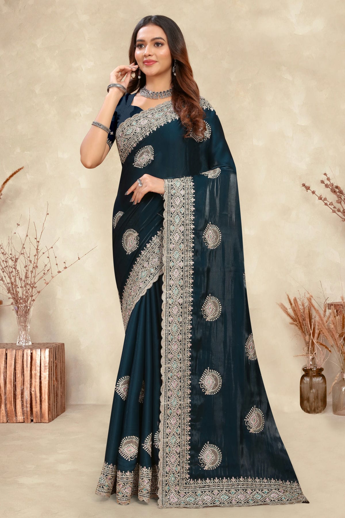 Teal Colour Crepe Silk Saree