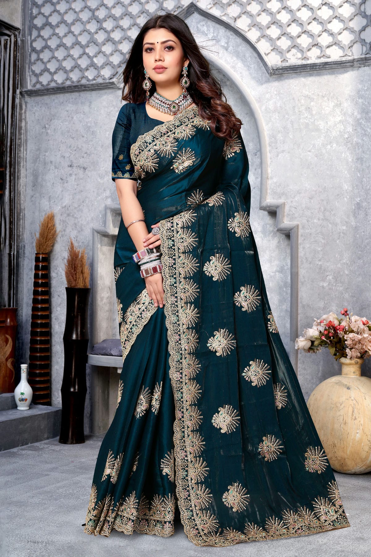 Teal Colour Crepe Silk Saree