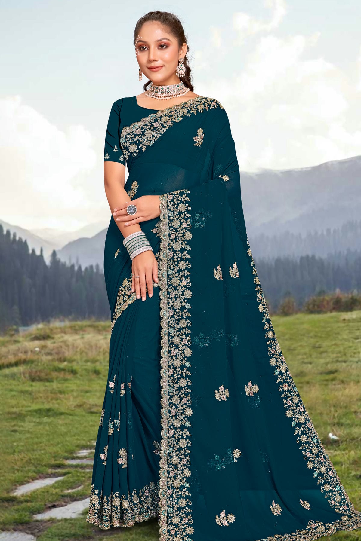 Teal Colour Georgette Saree