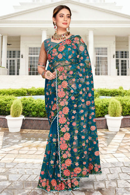 Teal Colour Net Saree