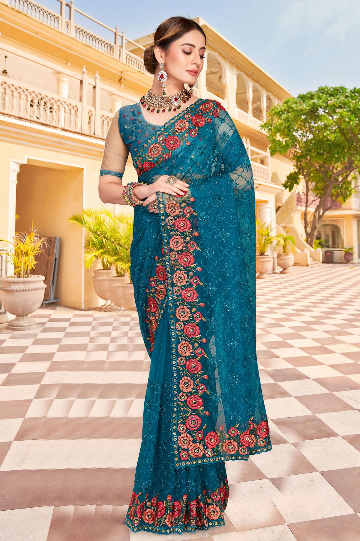 Teal Colour Net Saree