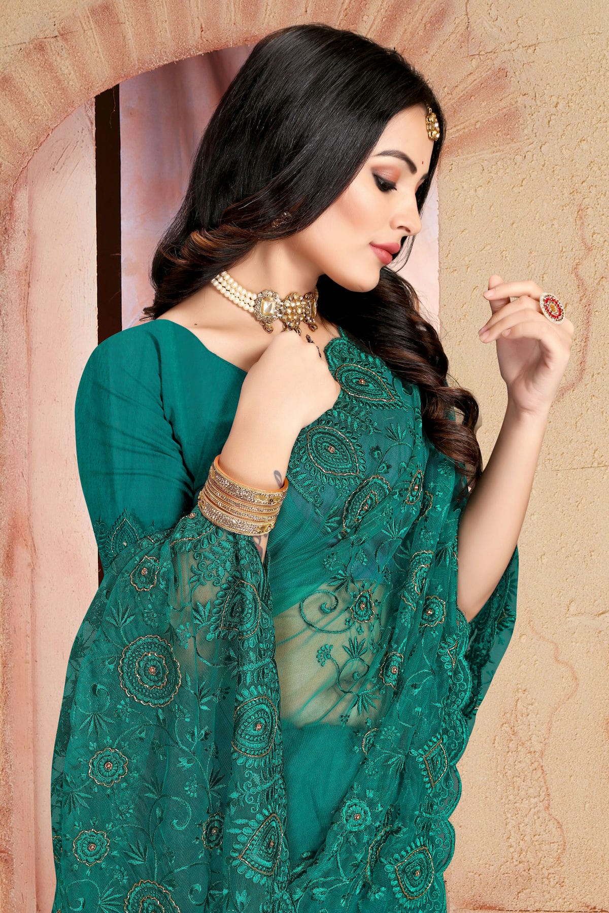 Teal Colour Net Saree