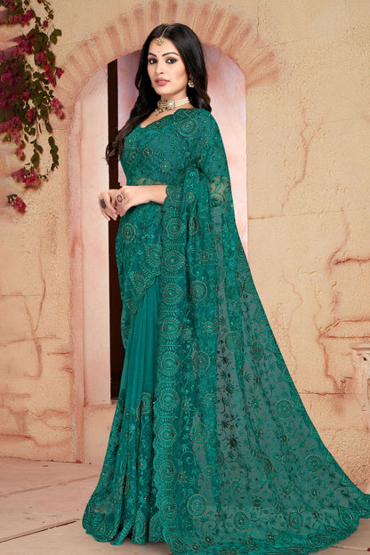 Teal Colour Net Saree