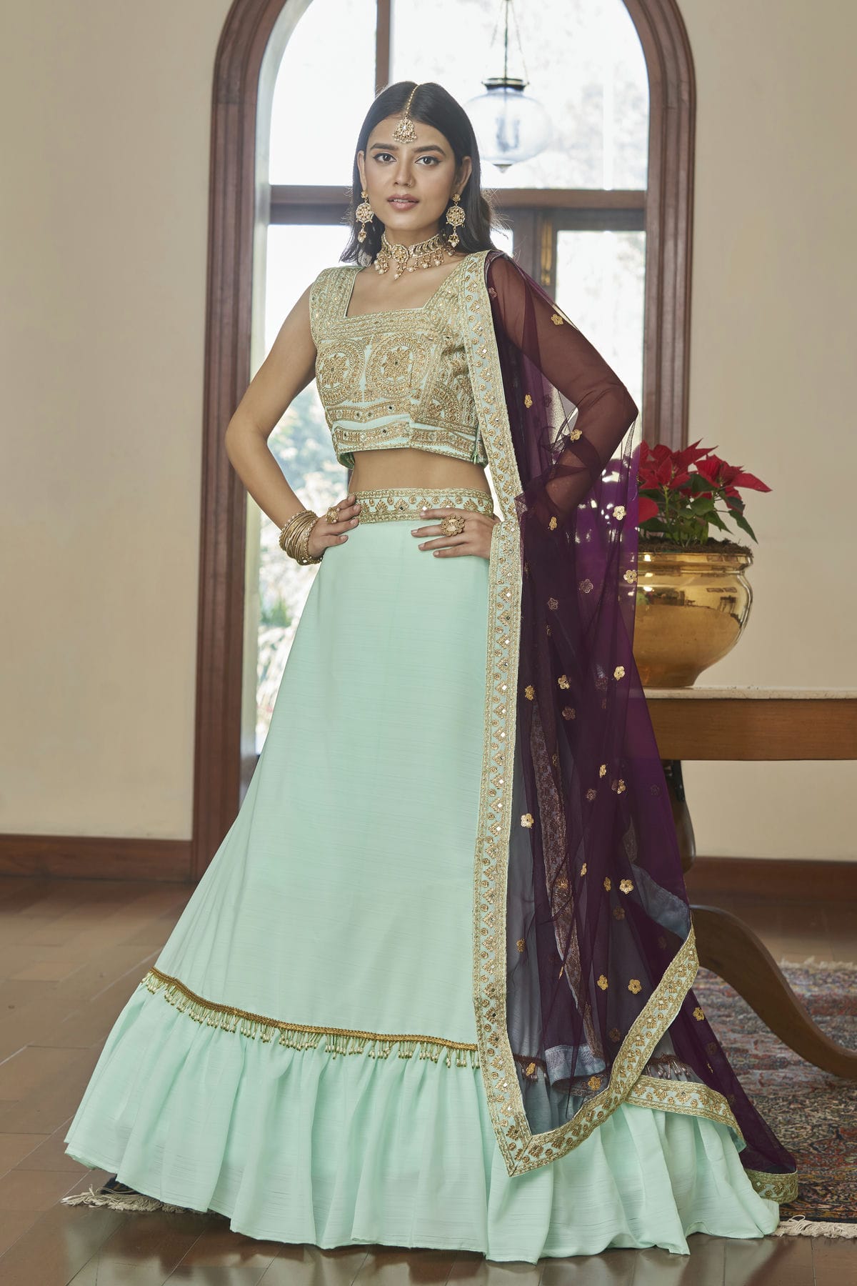 Titan Silk Designer Lehenga Choli In Aqua Blue Colour