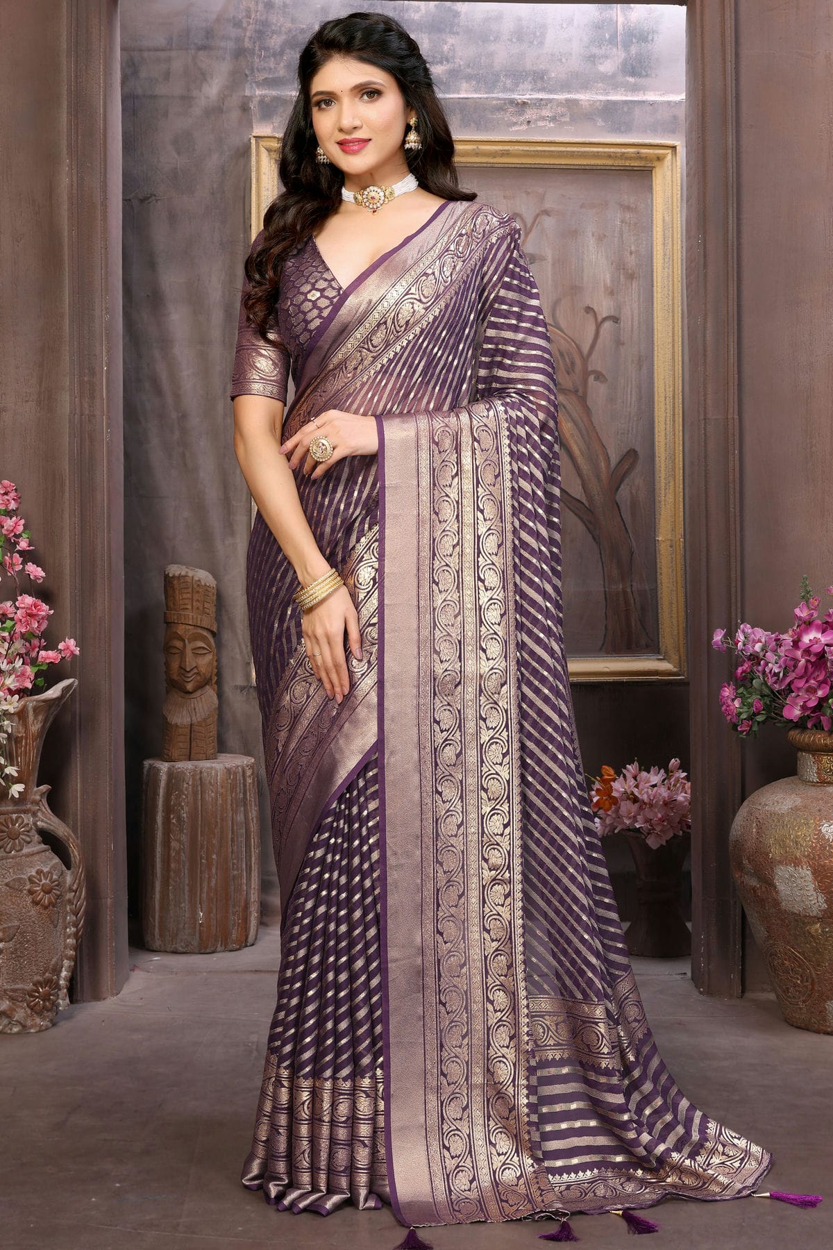 Violet Colour Moss Brasso Traditional Saree