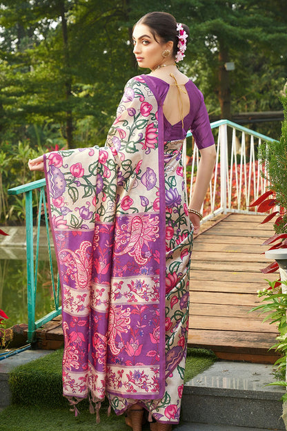 Violet Colour Tussar Silk Printed Saree