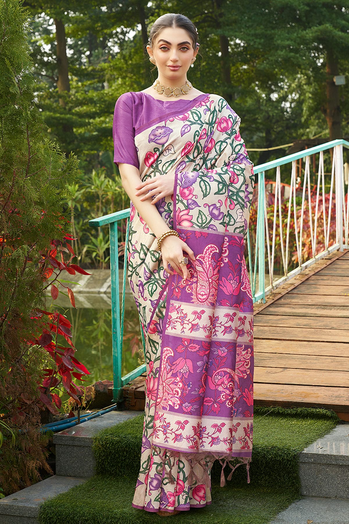 Violet Colour Tussar Silk Printed Saree