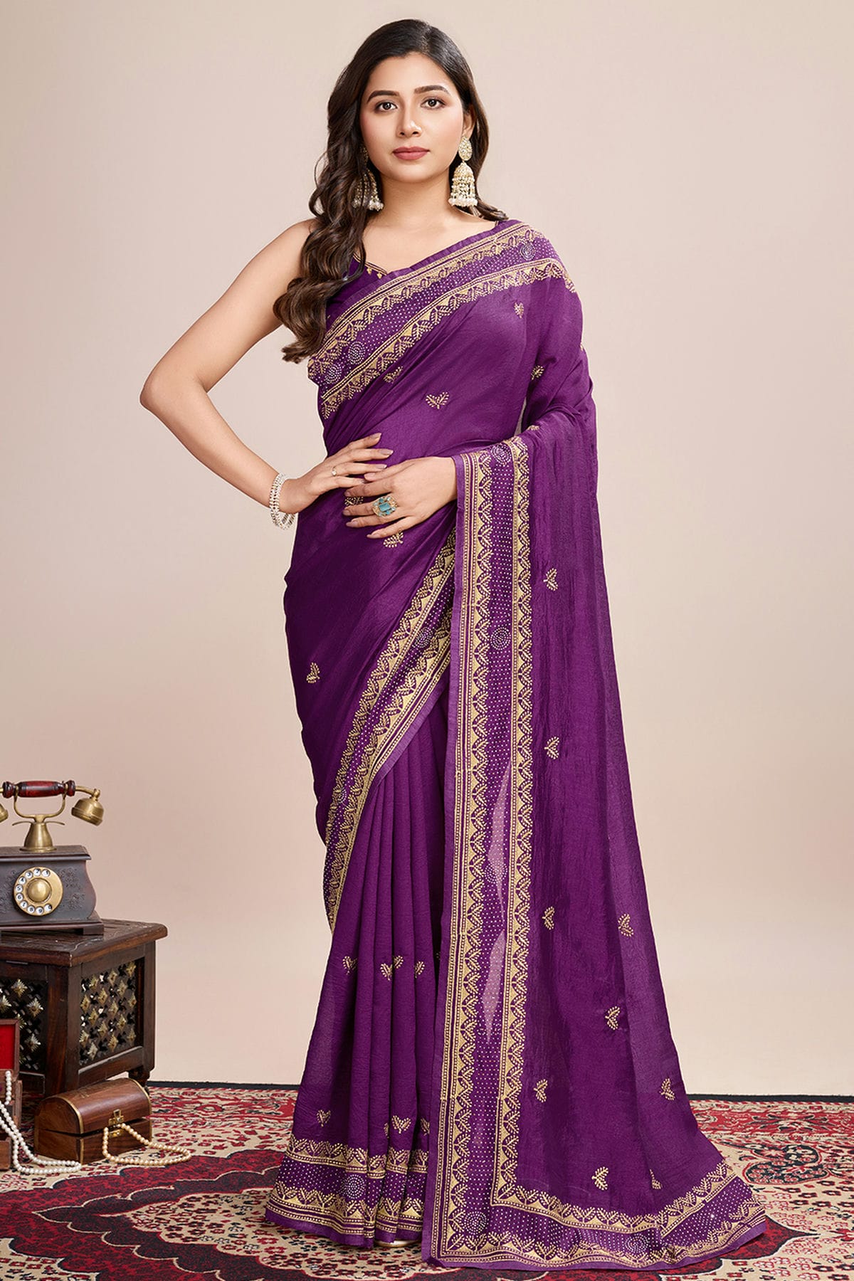 Violet Colour Vichitra Silk Designer Saree