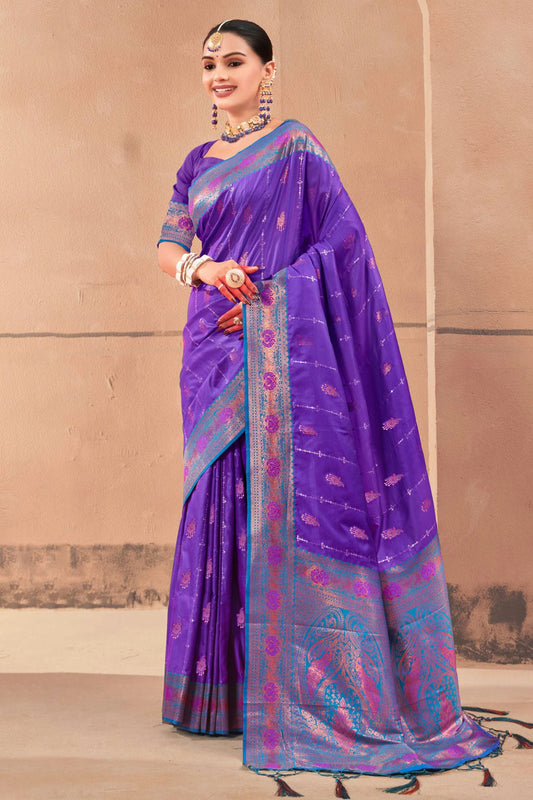 Violet Colour Woven Work Banarasi Silk Saree