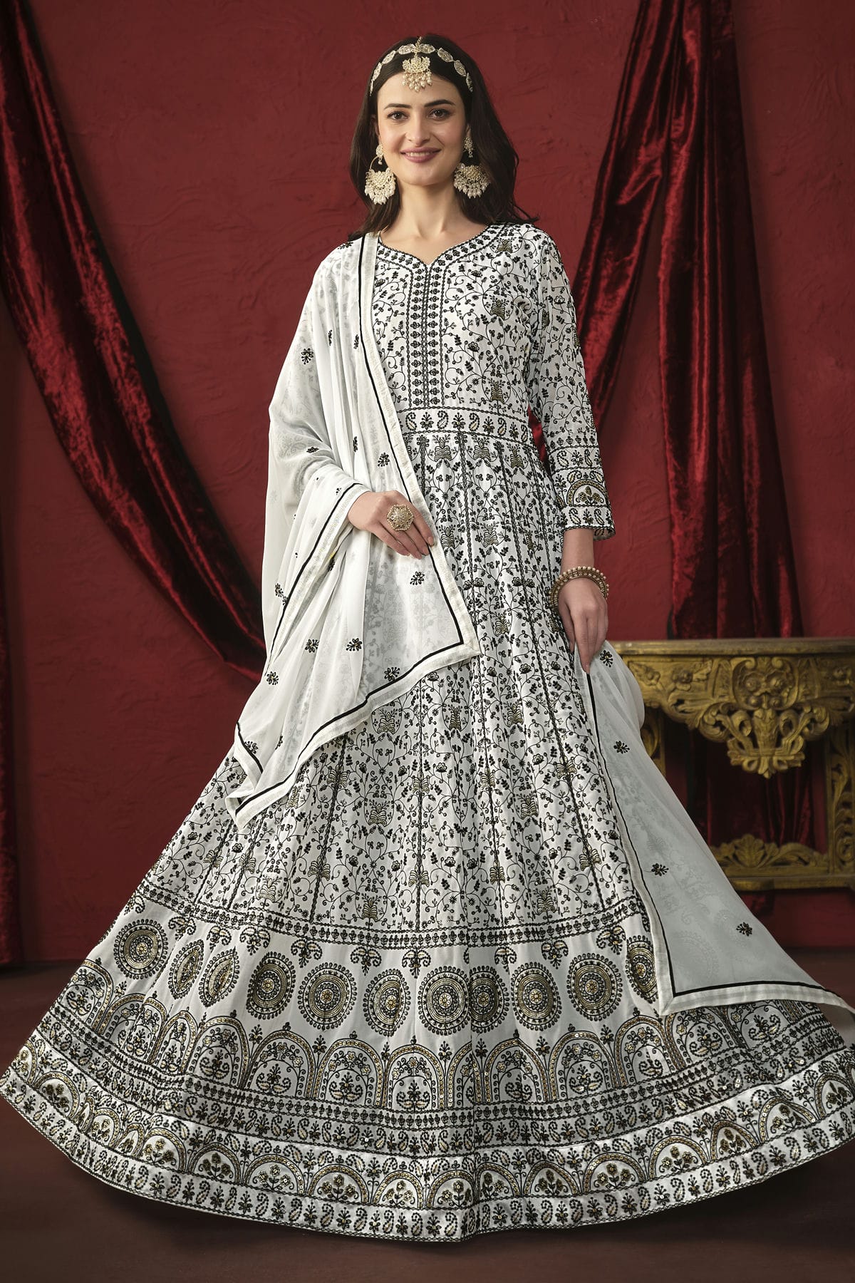 White Colour Anarkali Suit Faux Georgette Semi Stitched