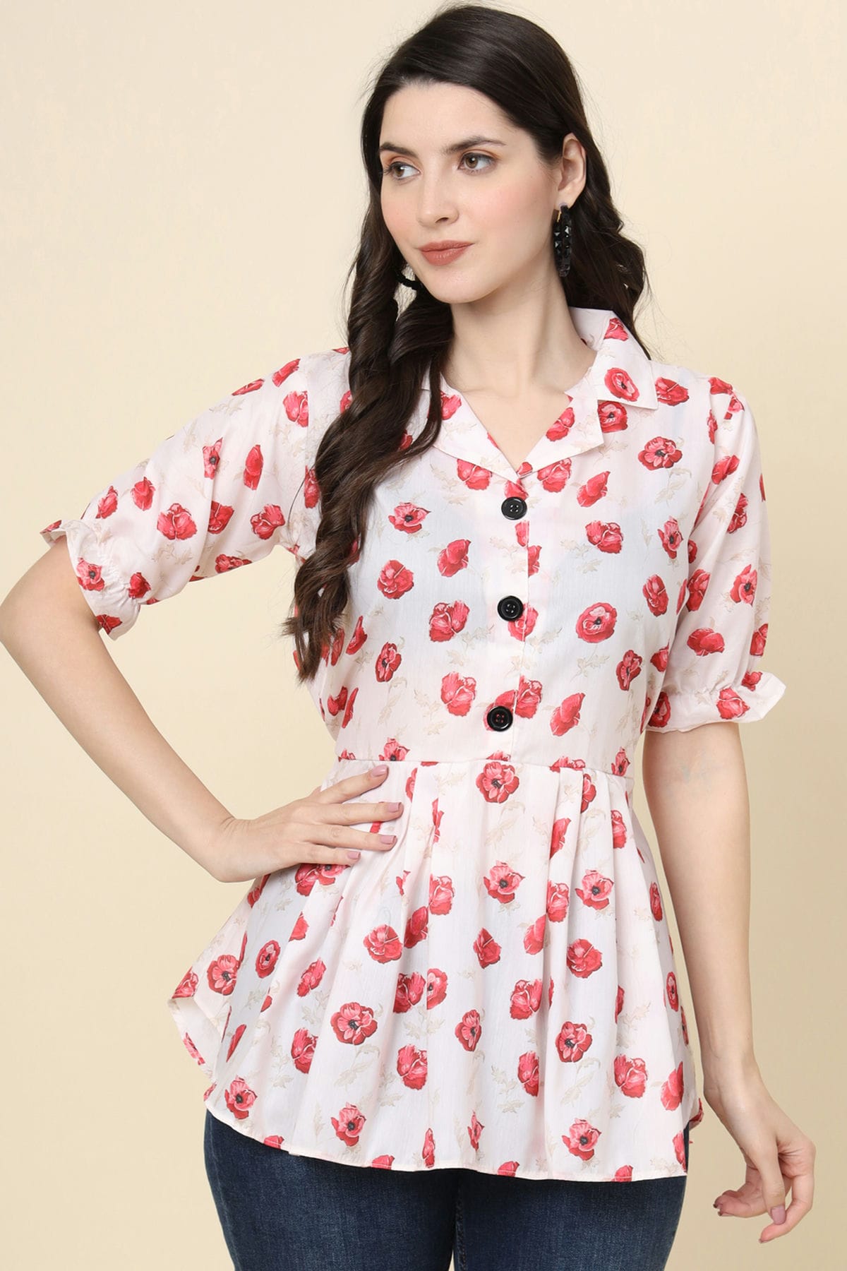 White Colour Cotton Printed Work Readymade Top