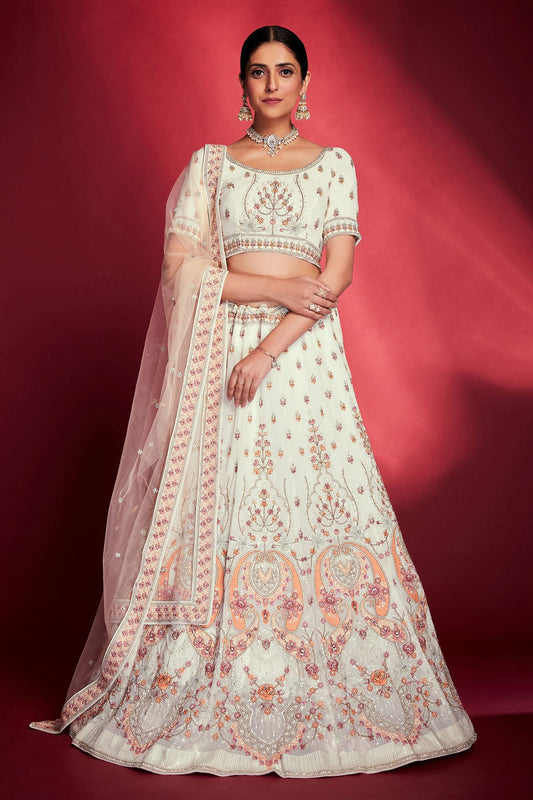 White Colour Embroidery Georgette Lehenga Choli