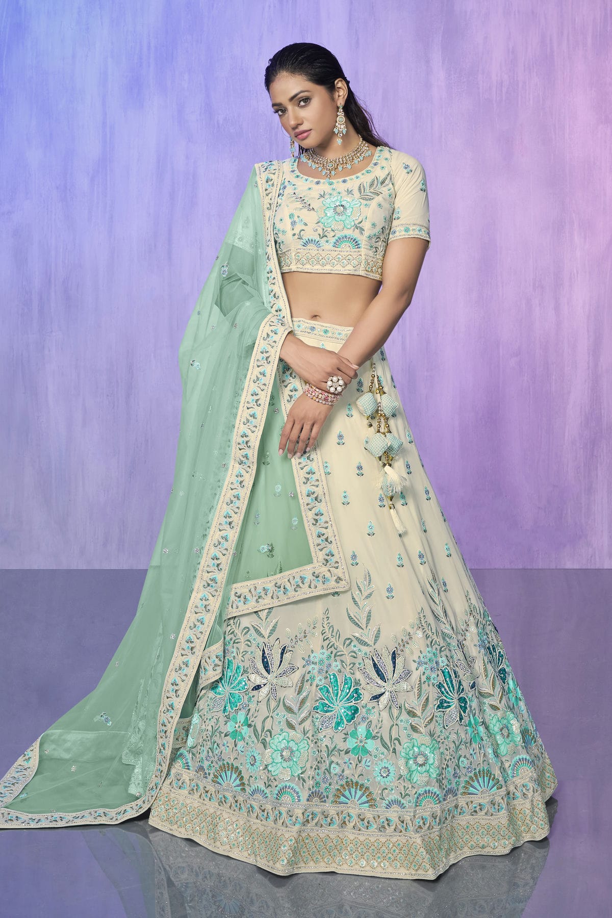 White Colour Embroidery Georgette Lehenga Choli