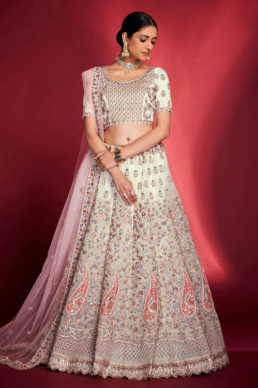 White Colour Embroidery Soft Silk Lehenga Choli