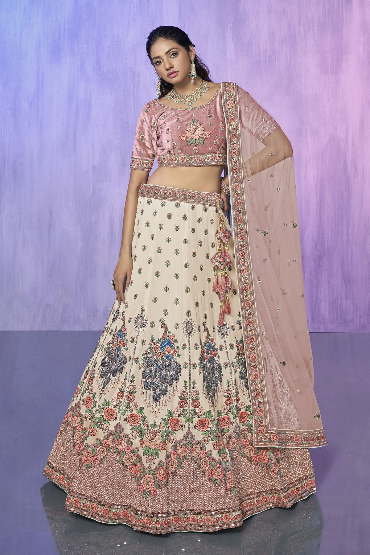 White Colour Embroidery Velvet Lehenga Choli