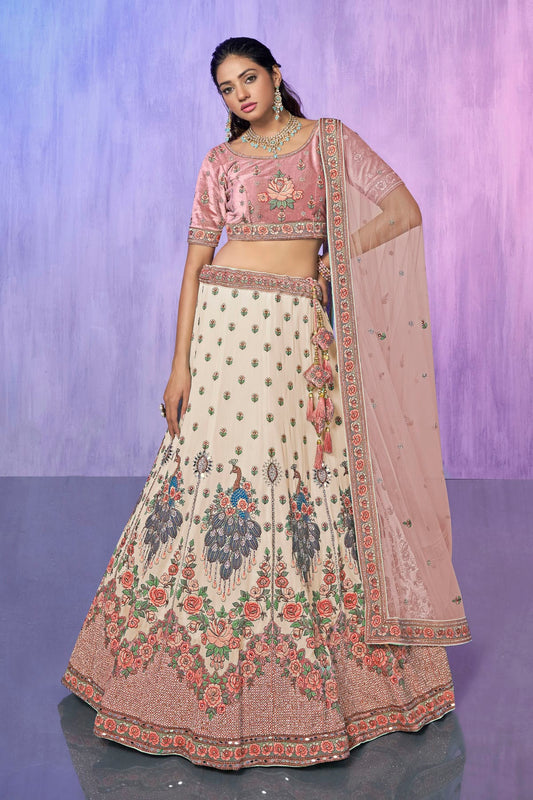 White Colour Embroidery Velvet Lehenga Choli