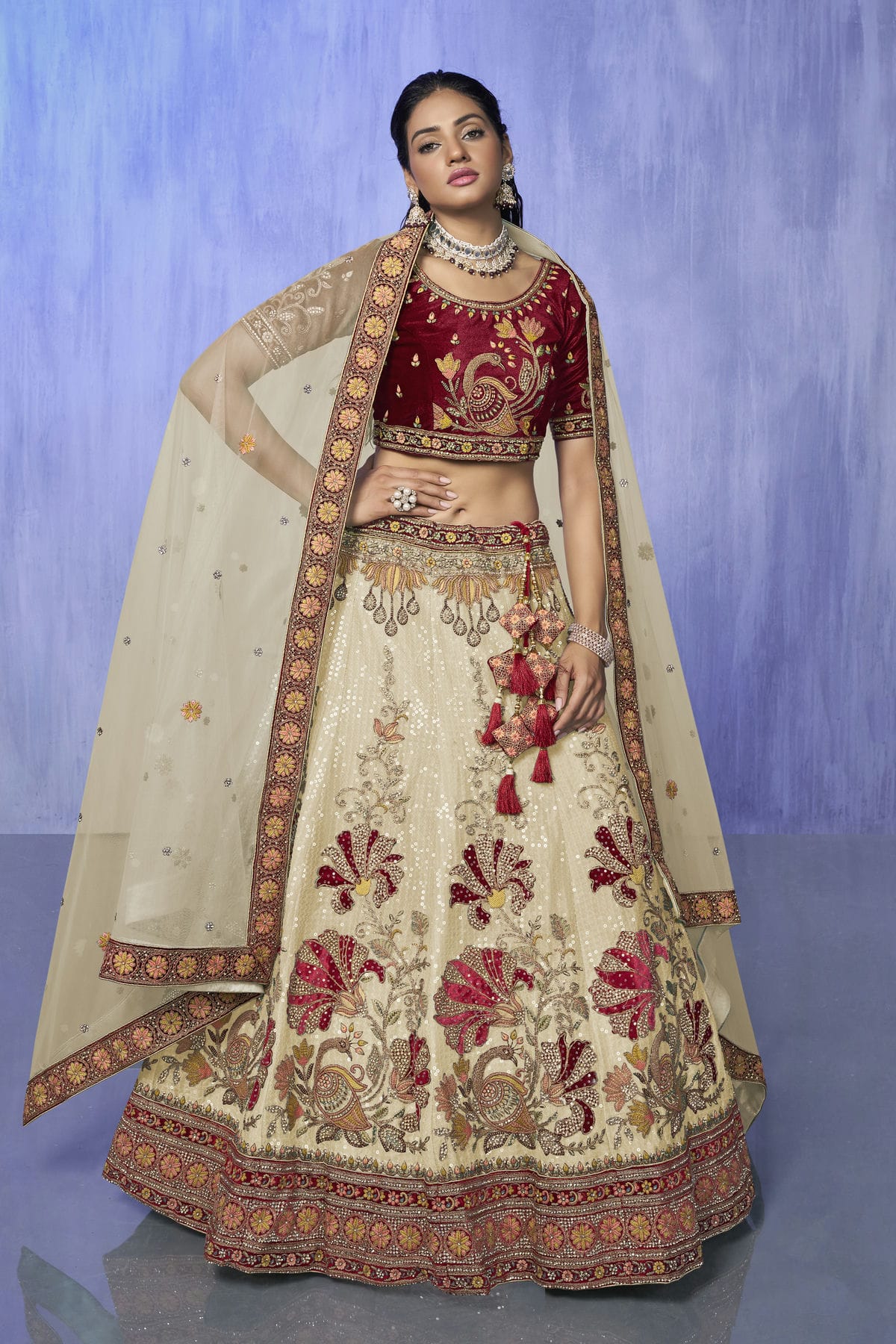 White Colour Embroidery Velvet Lehenga Choli