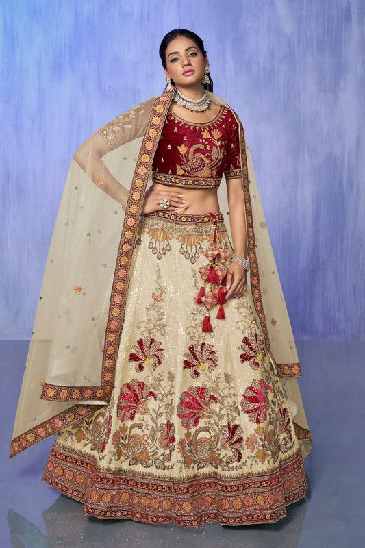 White Colour Embroidery Velvet Lehenga Choli