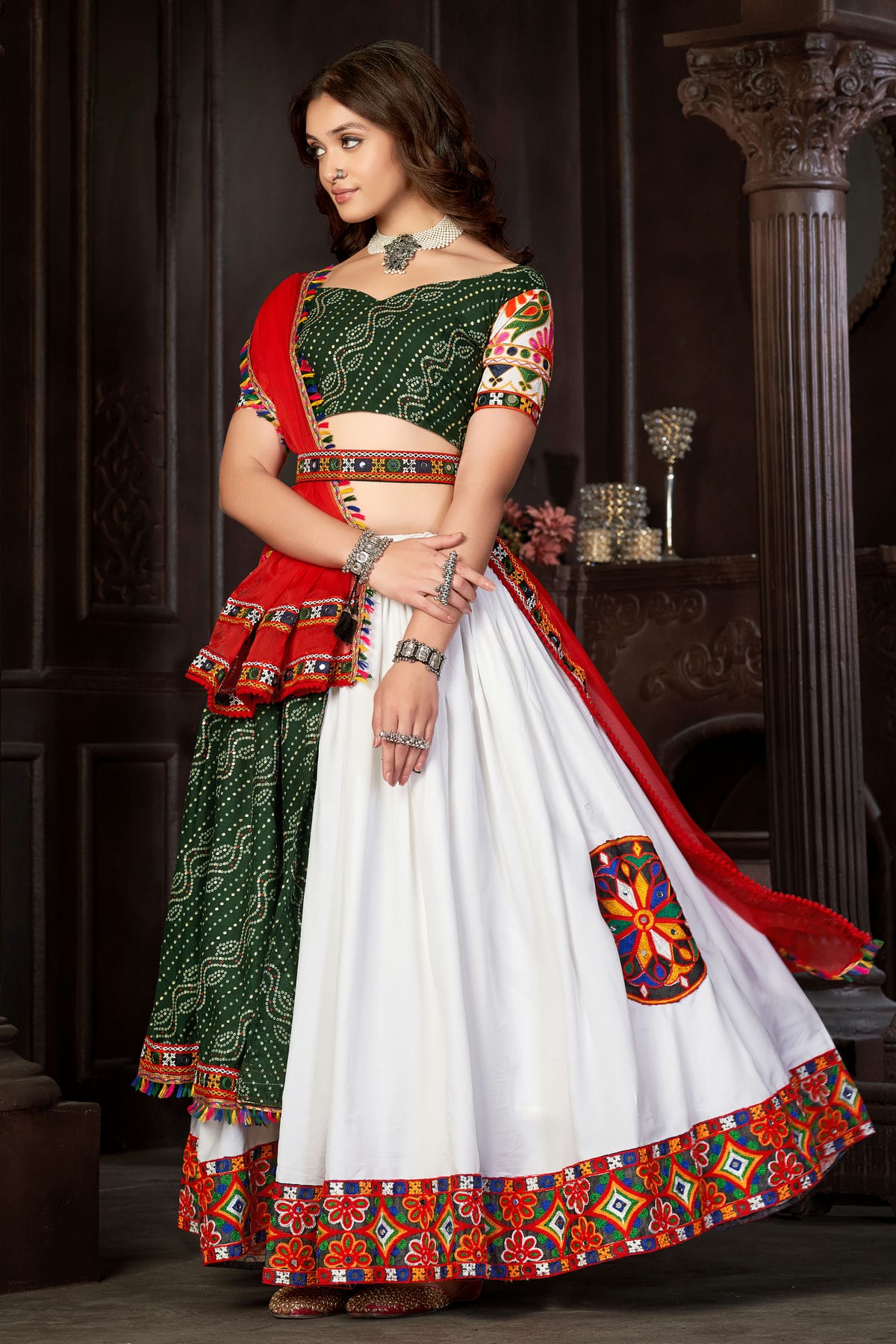 White Colour Embroidery Work Cotton Silk Navratri Lehenga