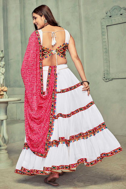 White Colour Embroidery Work Georgette Navratri Lehenga