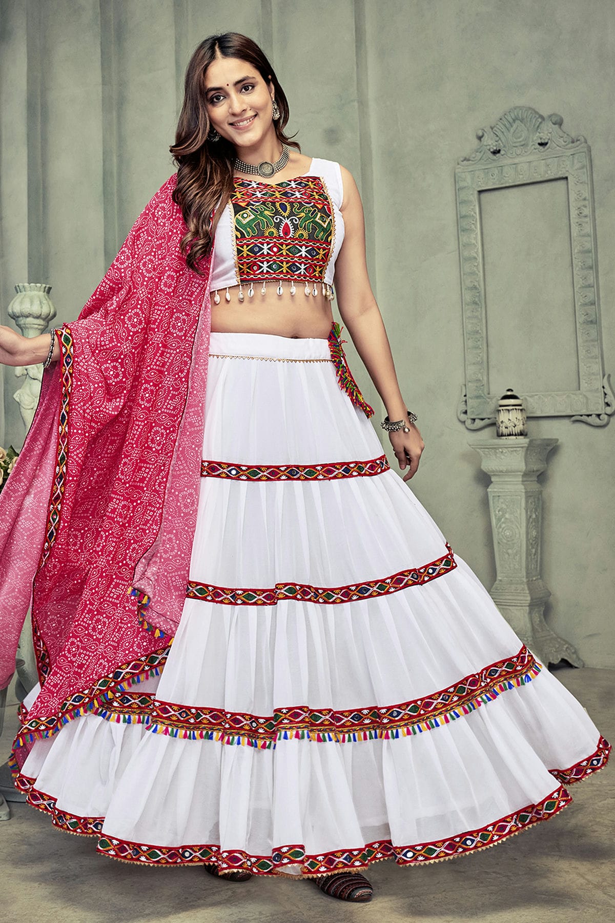 White Colour Embroidery Work Georgette Navratri Lehenga