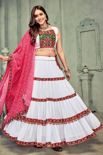 White Colour Embroidery Work Georgette Navratri Lehenga