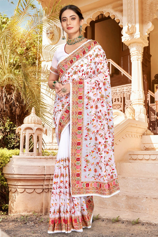 White Colour Georgette Designer Saree