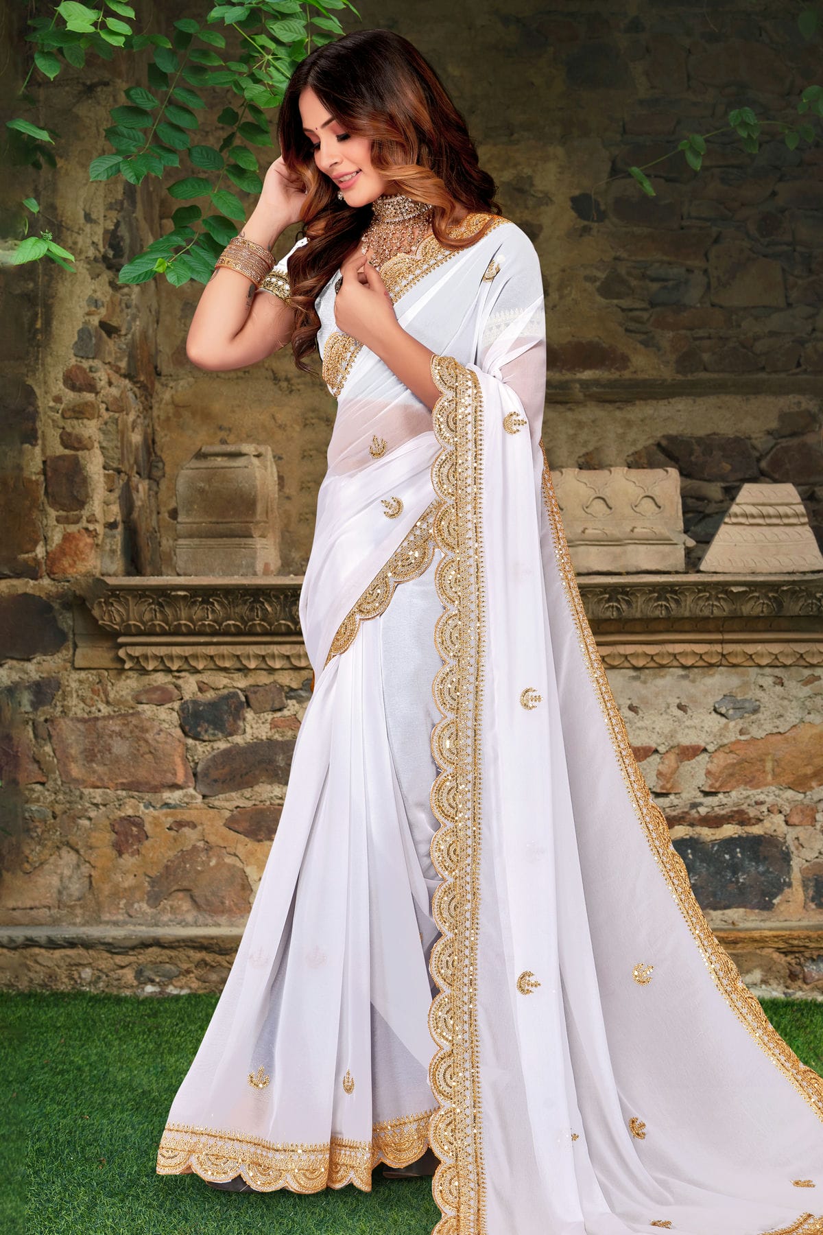 White Colour Georgette Designer Saree