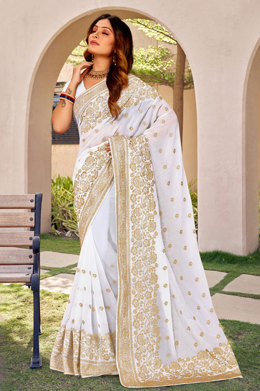 White Colour Georgette Designer Saree