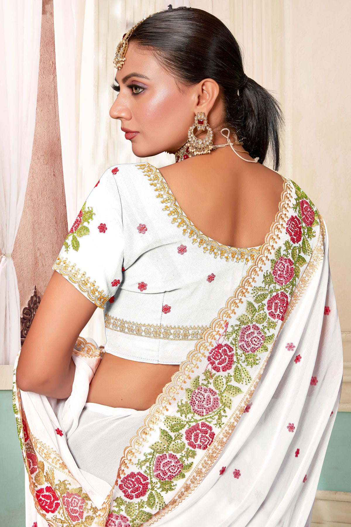 White Colour Georgette Designer Saree